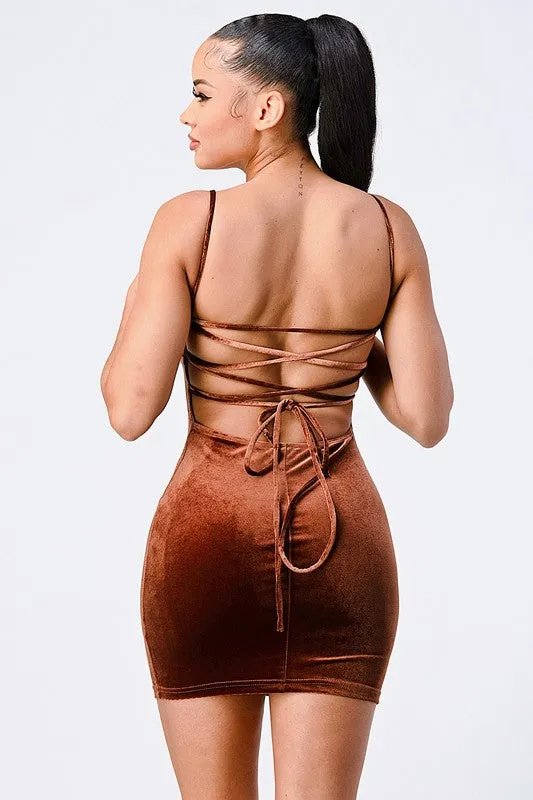 SEXY VELVETY DRAWSTRING LACE BACK CAMI MINI DRESS