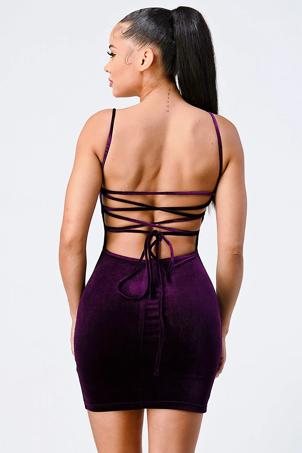 SEXY VELVETY DRAWSTRING LACE BACK CAMI MINI DRESS