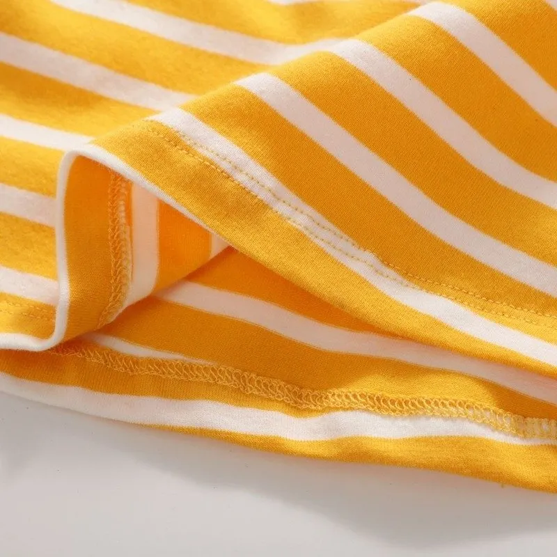 Short Sleeve Girl's Yellow Striped Dress for Summer