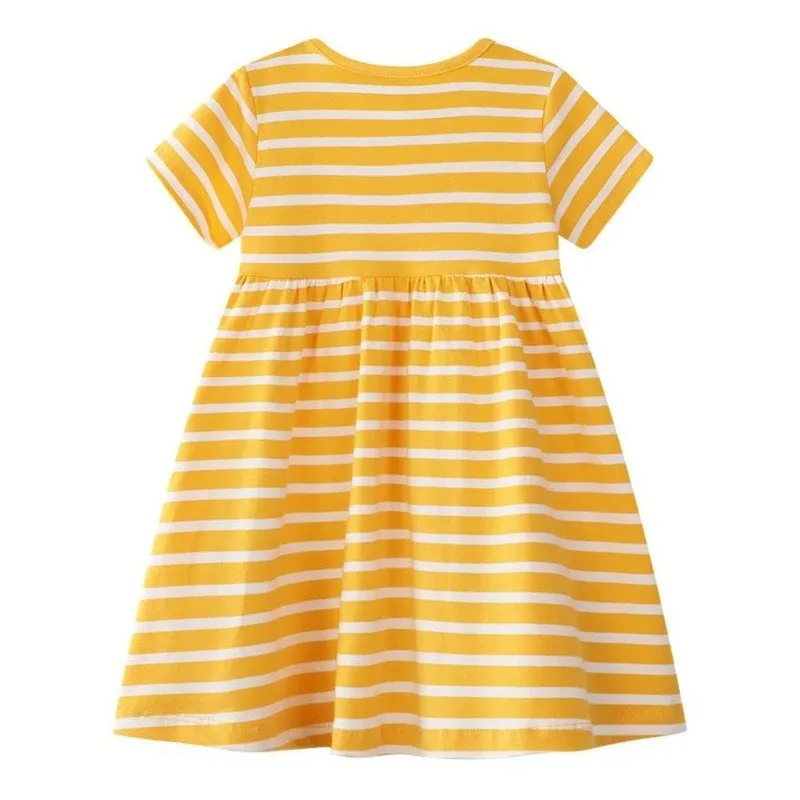 Short Sleeve Girl's Yellow Striped Dress for Summer
