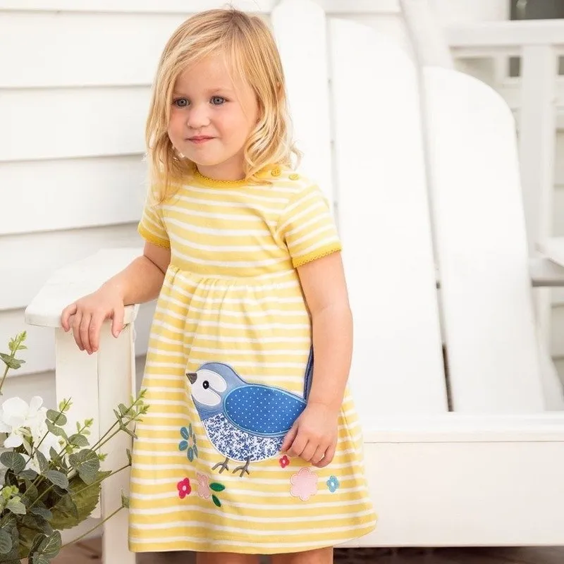 Short Sleeve Girl's Yellow Striped Dress for Summer