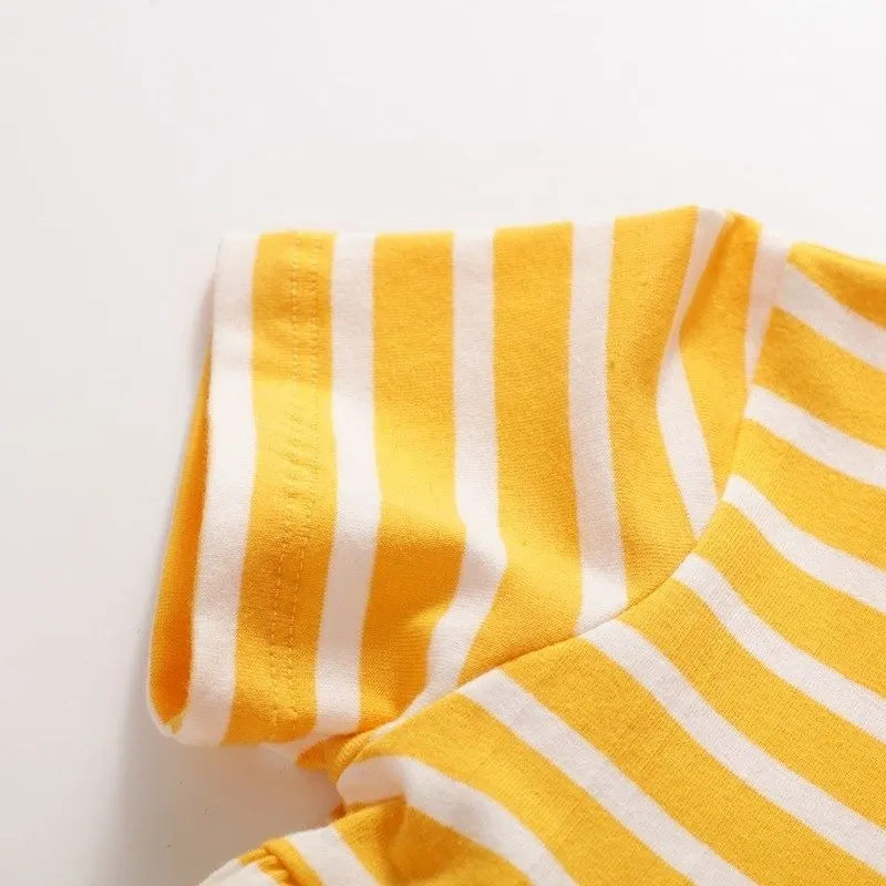 Short Sleeve Girl's Yellow Striped Dress for Summer