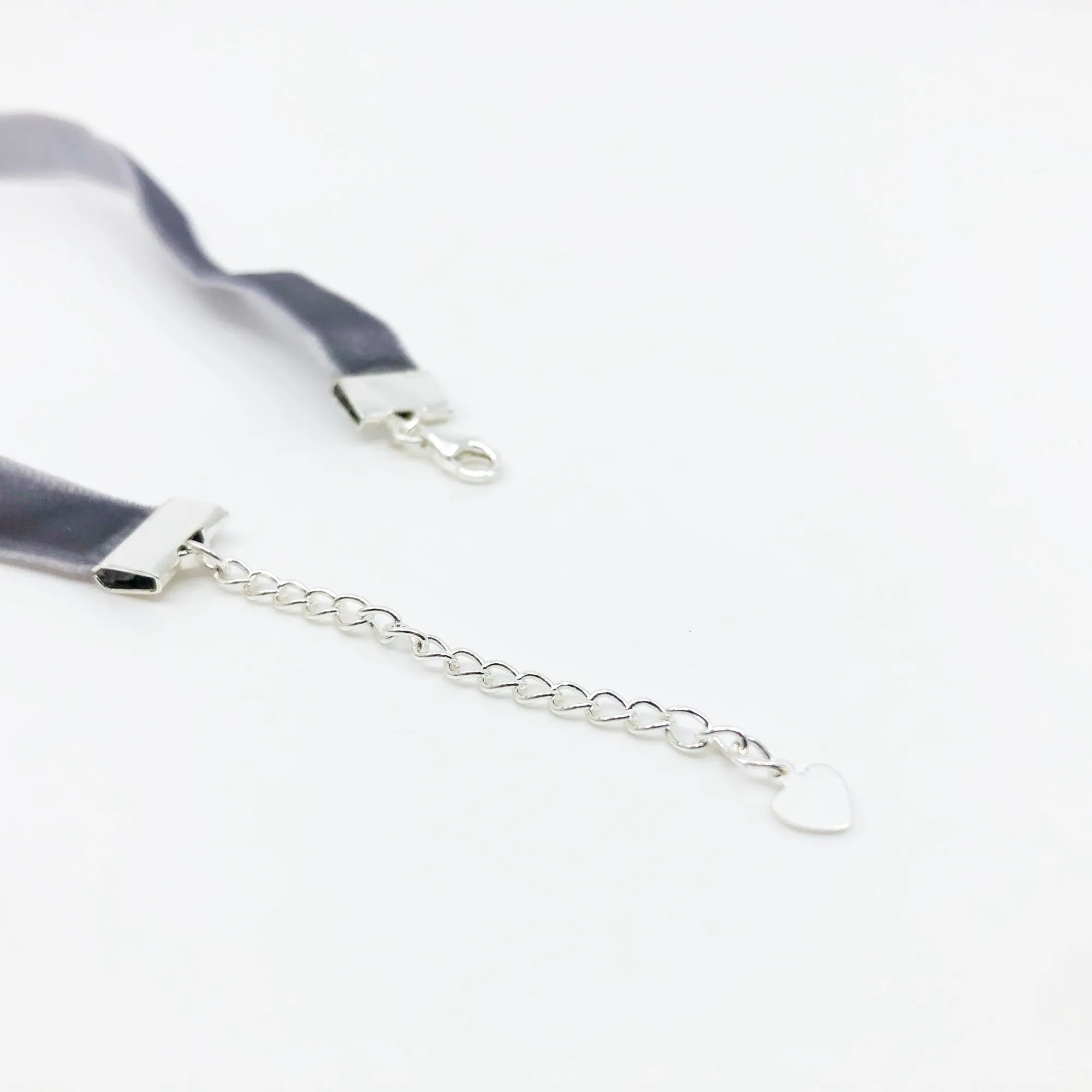 Silver Velvet Choker Necklace with Silver Adjustable Chain