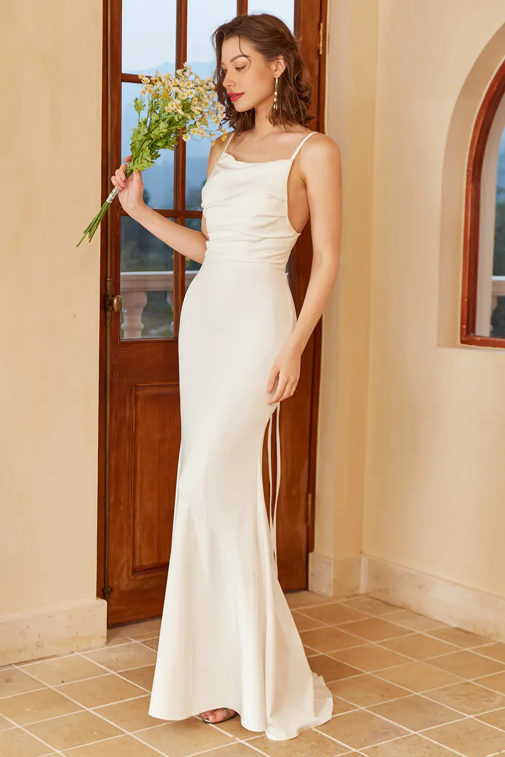 Simple Mermaid Boho Slip Dress Backless Long Wedding Dress