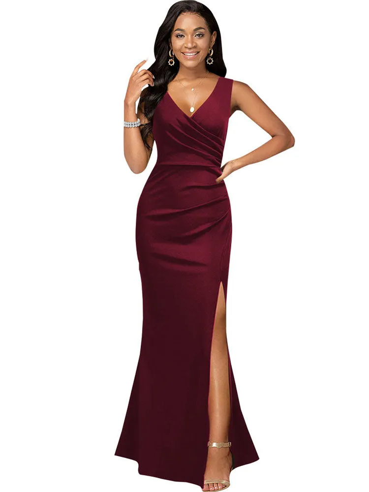 Sleeveless Ruched Split Maxi Dresses