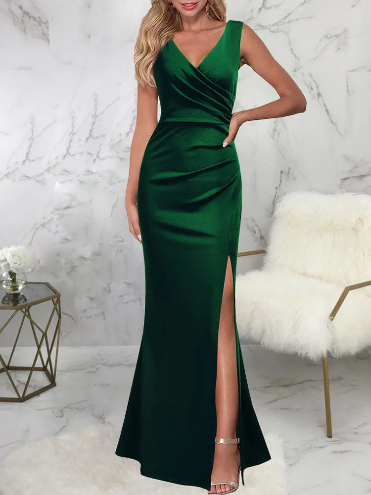 Sleeveless Ruched Split Maxi Dresses