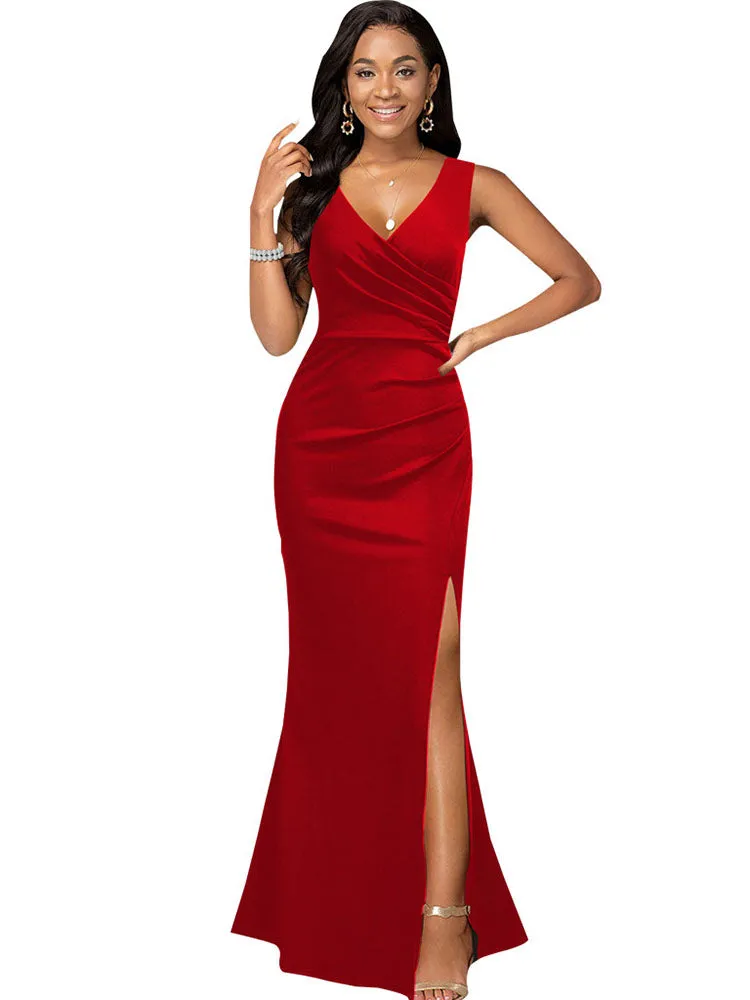 Sleeveless Ruched Split Maxi Dresses