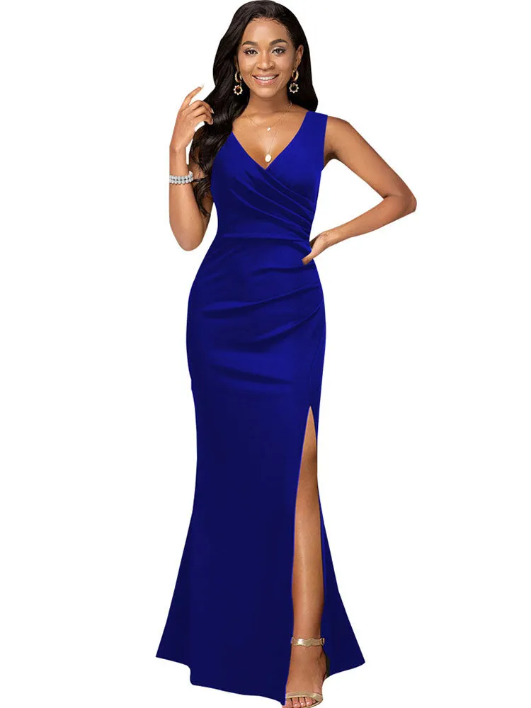 Sleeveless Ruched Split Maxi Dresses
