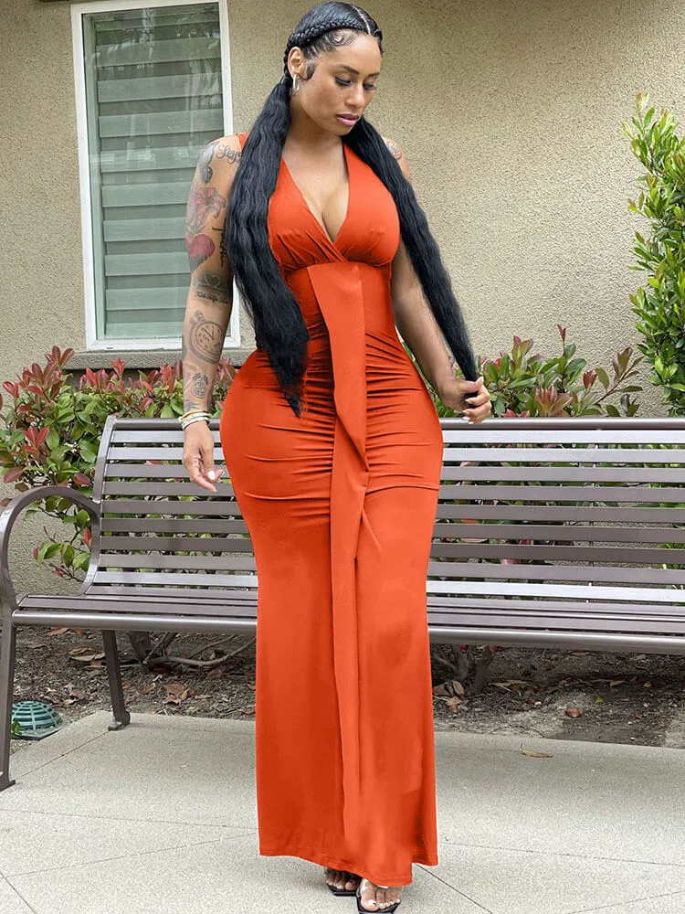 Sleeveless V Neck High Waist Maxi Dresses