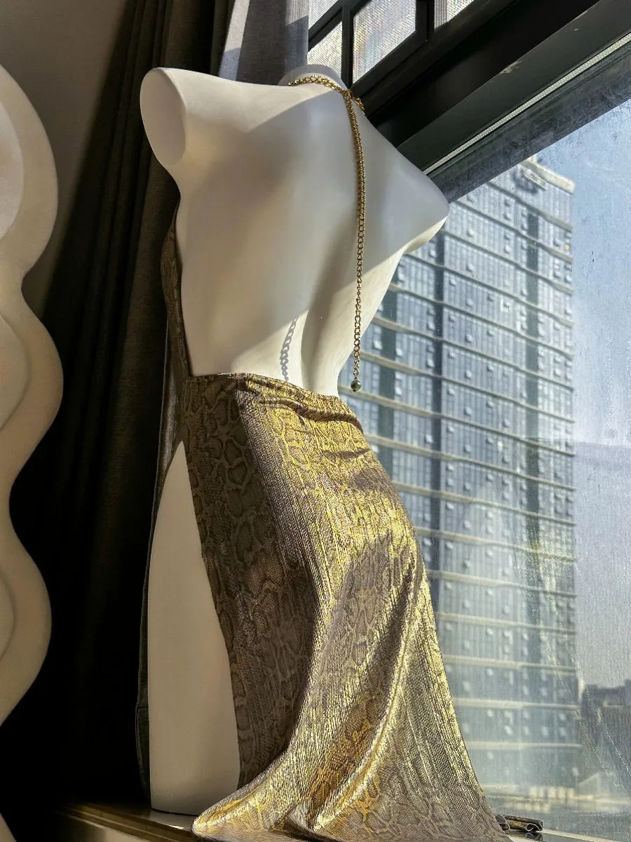 Soul Snatch | "Snake Charmer" cowl neck high slit metallic snake print dress