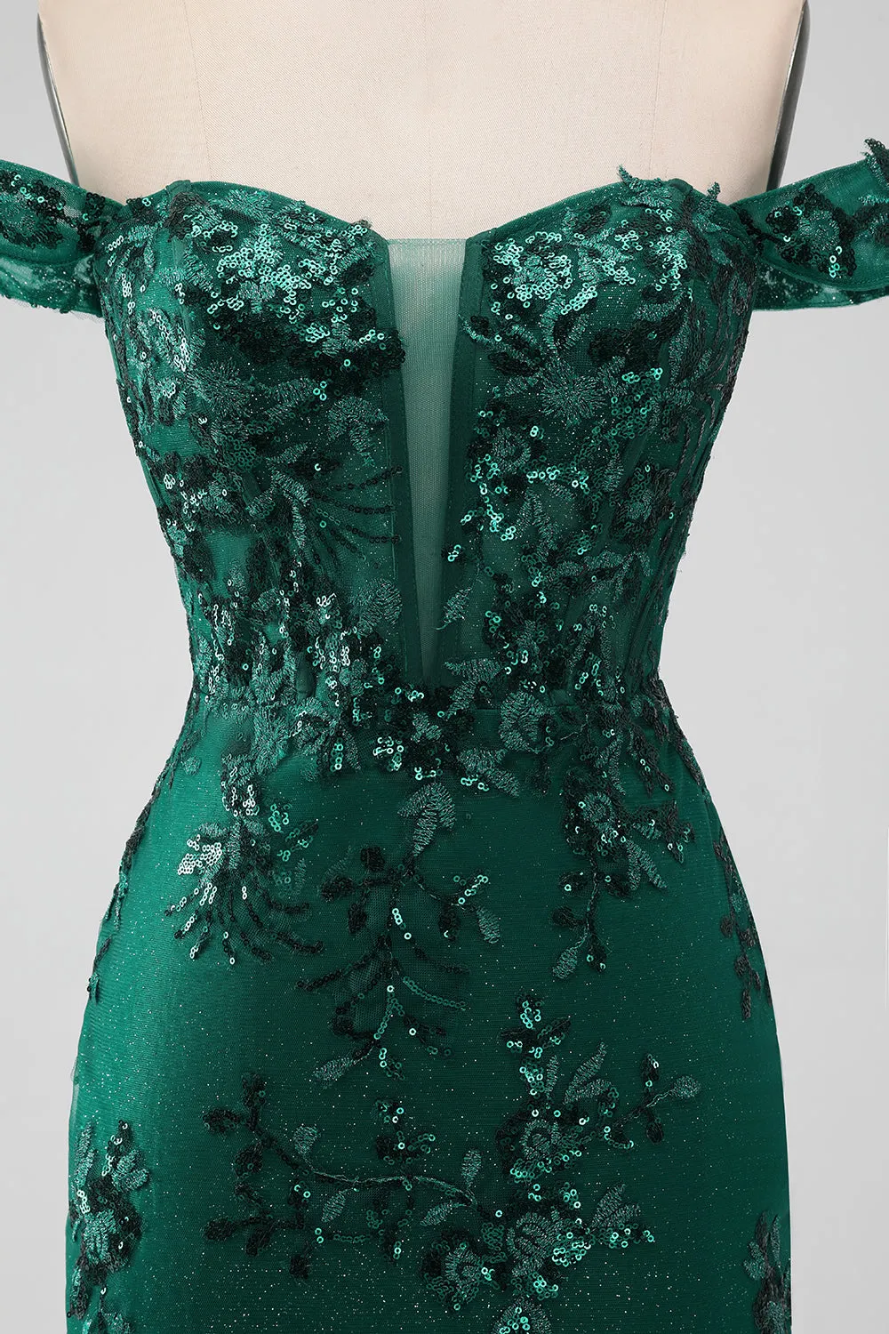 Sparkly Dark Green Bodycon Off The Shoulder Sequin Homecoming Dress with Appliques