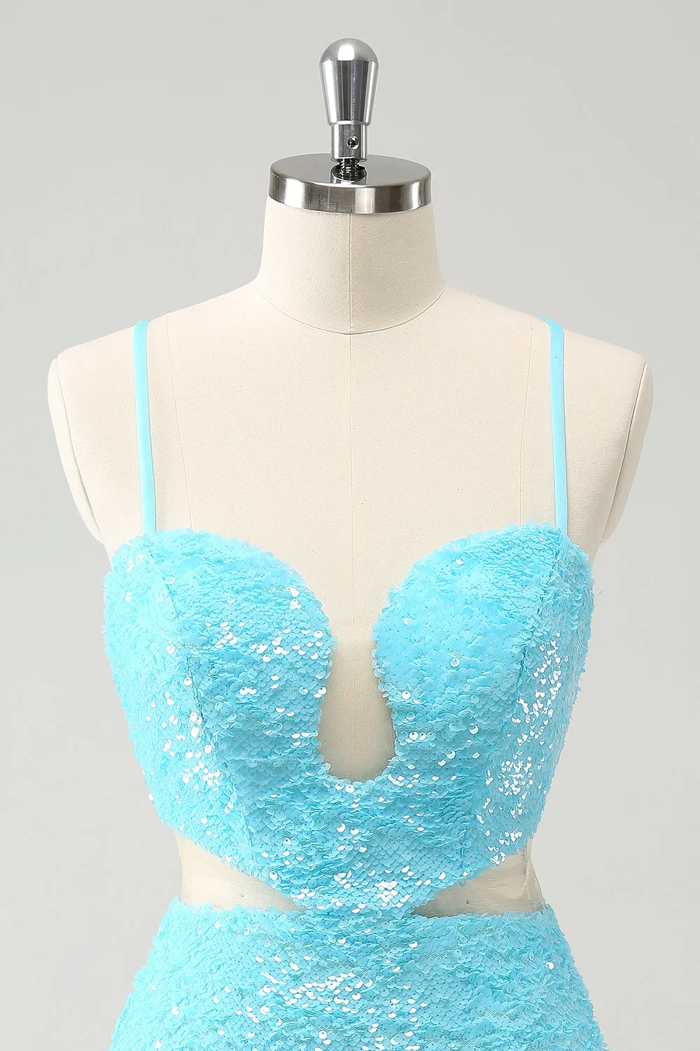 Sparkly Light Blue Spaghetti straps Sequins Tight Homecoming Dress
