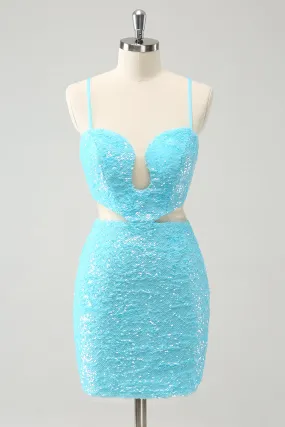 Sparkly Light Blue Spaghetti straps Sequins Tight Homecoming Dress