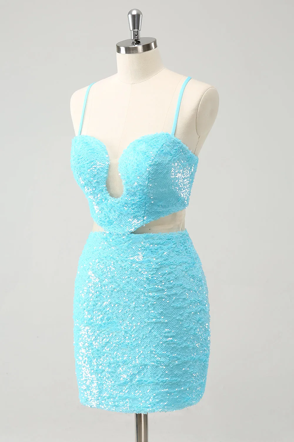 Sparkly Light Blue Spaghetti straps Sequins Tight Homecoming Dress