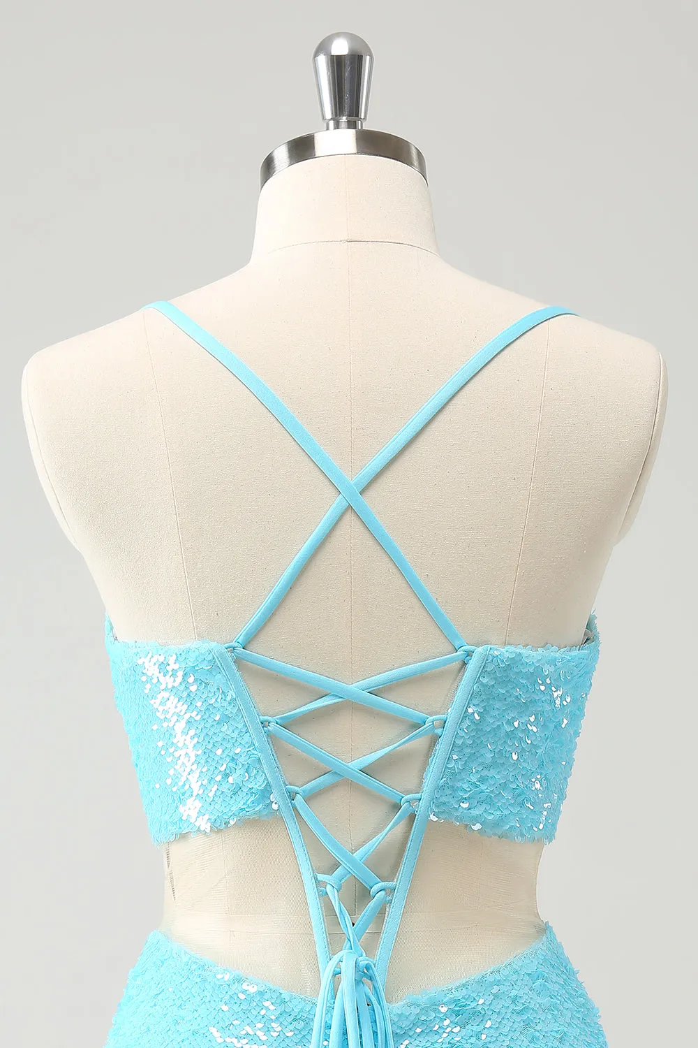 Sparkly Light Blue Spaghetti straps Sequins Tight Homecoming Dress