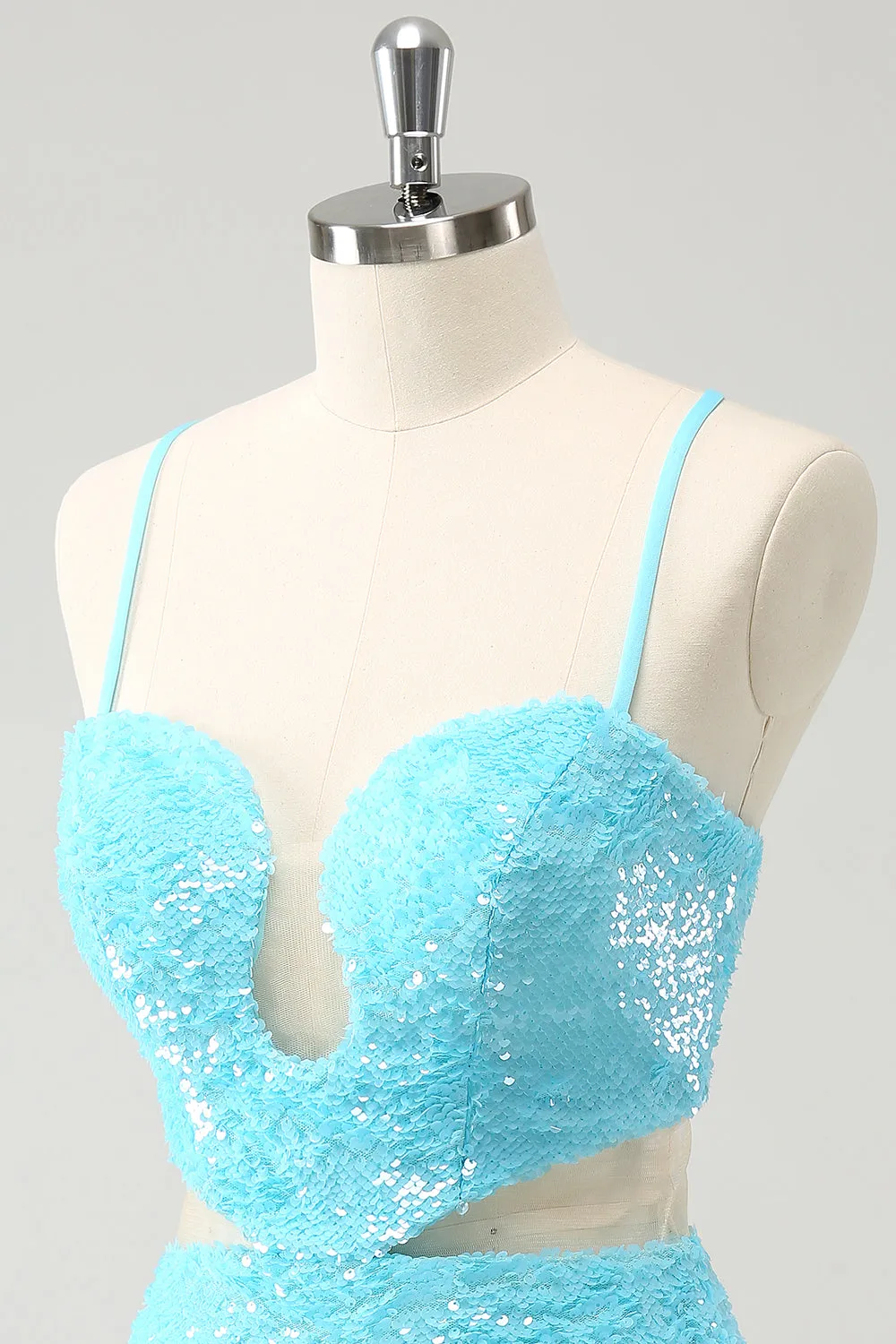 Sparkly Light Blue Spaghetti straps Sequins Tight Homecoming Dress