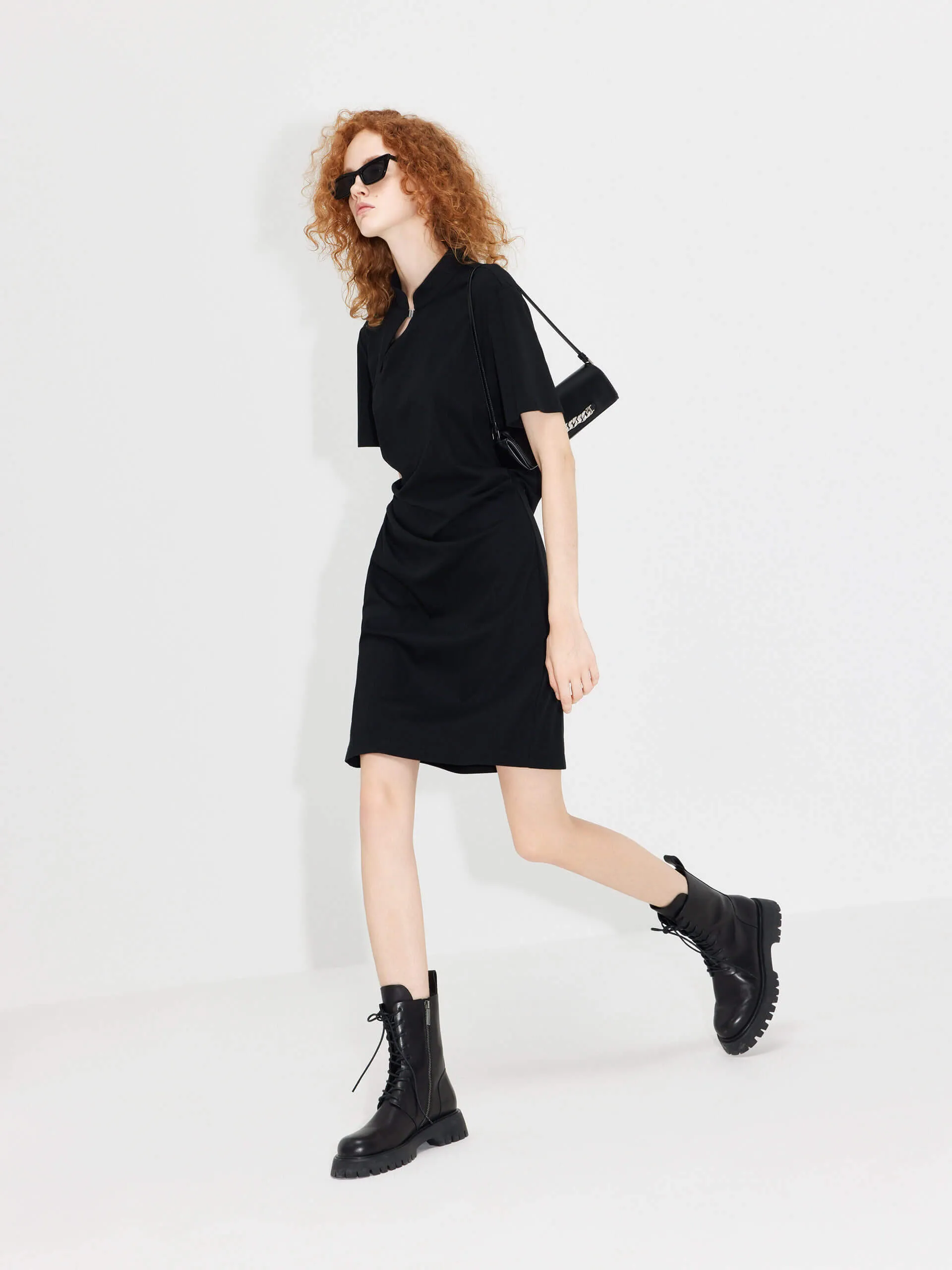 Stand Collar Pleated Dress