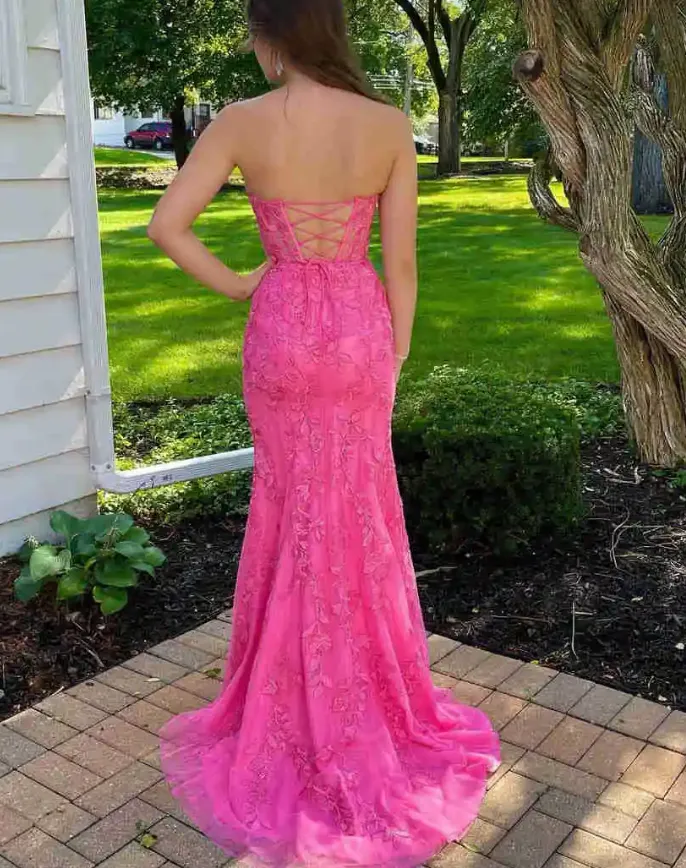 Strapless Hot Pink Lace Long Prom Dress with Appliques     fg826