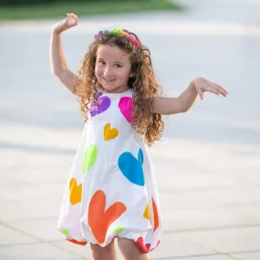 Summer Daze- White Dress with Multi-Coloured Heart Print for Girls