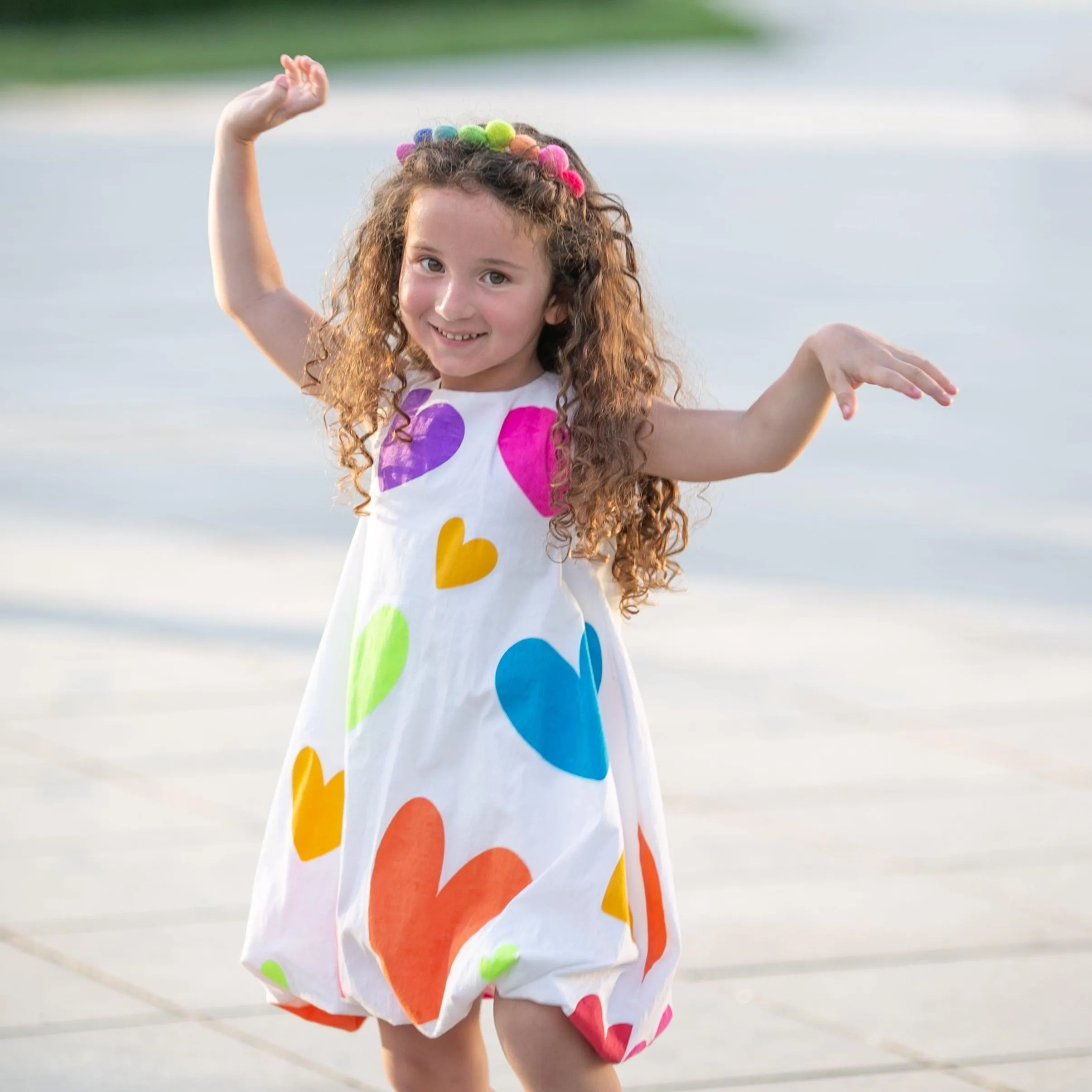 Summer Daze- White Dress with Multi-Coloured Heart Print for Girls