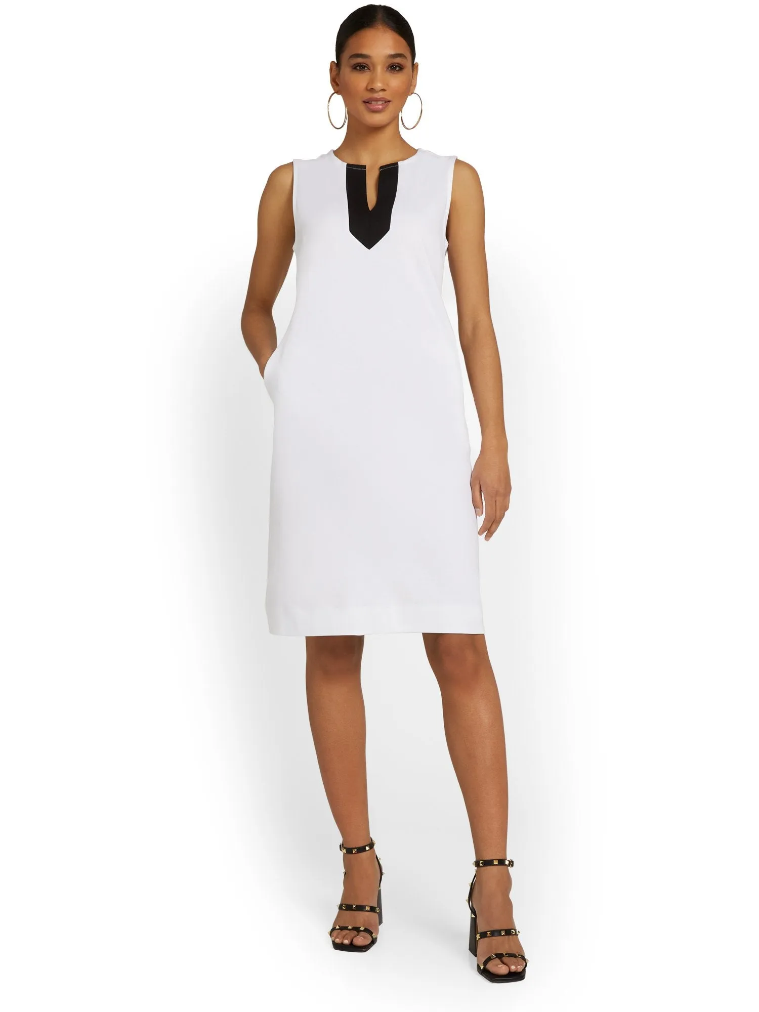 Tall Contrast Split-Neck Shift Dress - City Knits