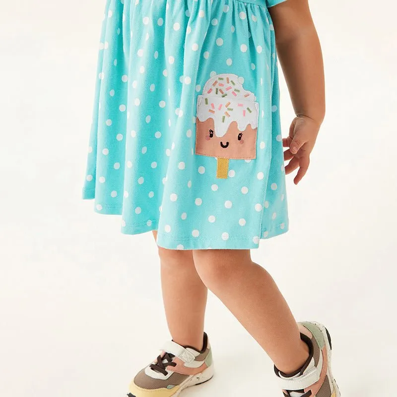 Toddler/Kid Girl's Blue Dress with Ice Cream Design