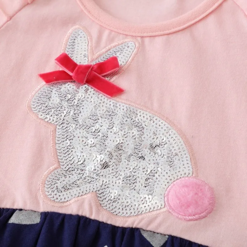 Toddler/Kid Girl's Bunny Sequence and Heart Prints Long Sleeve Dress