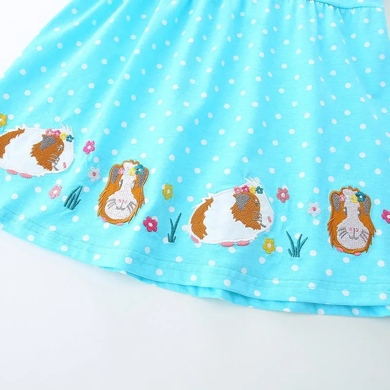 Toddler/Kid Girl's Cartoon Mice Embroidery Design Blue Polka Dot Dress