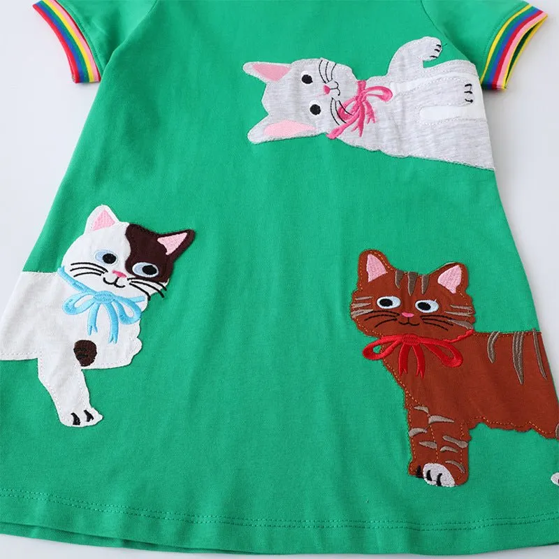 Toddler/Kid Girl's Cats Print Design Green Short Sleeve Dress