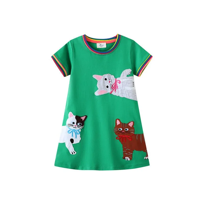 Toddler/Kid Girl's Cats Print Design Green Short Sleeve Dress
