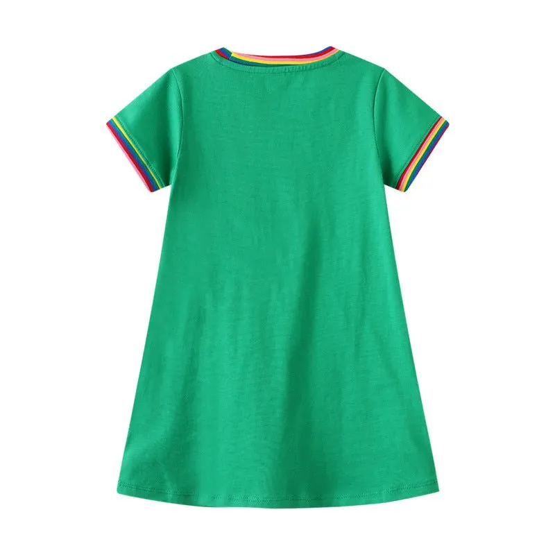 Toddler/Kid Girl's Cats Print Design Green Short Sleeve Dress