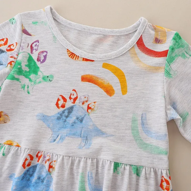 Toddler/Kid Girl's Dinosaur Paintings Print Long Sleeve Dress