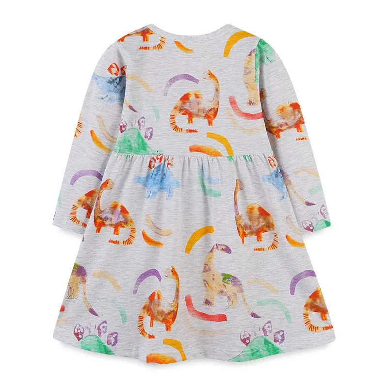Toddler/Kid Girl's Dinosaur Paintings Print Long Sleeve Dress