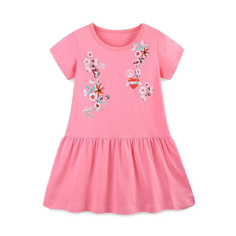 Toddler/Kid Girl's Floral Design Short Sleeve Pink Dress