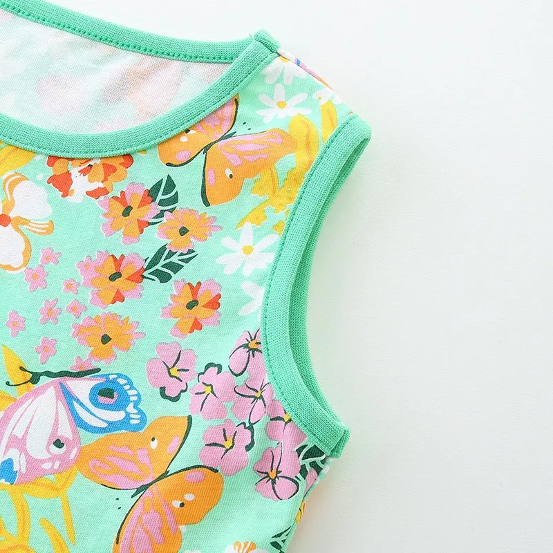Toddler/Kid Girl's Floral with Butterfly Print Green Sleeveless Dress