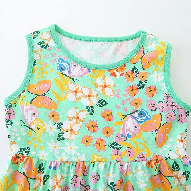 Toddler/Kid Girl's Floral with Butterfly Print Green Sleeveless Dress