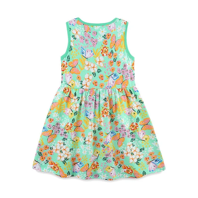 Toddler/Kid Girl's Floral with Butterfly Print Green Sleeveless Dress