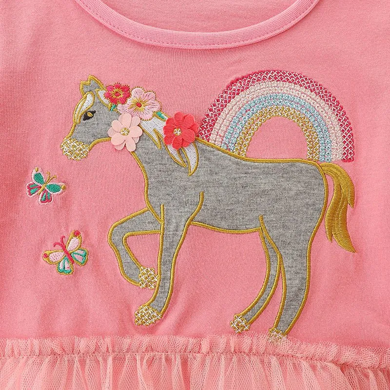Toddler/Kid Girl's Horse/Butterflies/Rainbow Print Long Sleeve Dress