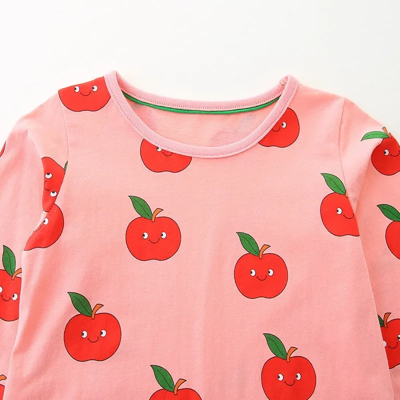 Toddler/Kid Girl's Long Sleeve Cartoon Apples Print Design Pink Dress