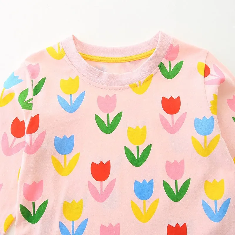 Toddler/Kid Girl's Long Sleeve Colorful Flowers Print Design Dress