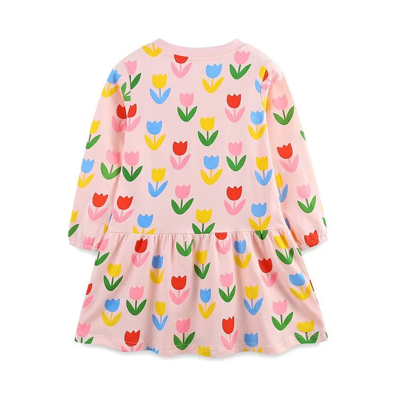 Toddler/Kid Girl's Long Sleeve Colorful Flowers Print Design Dress