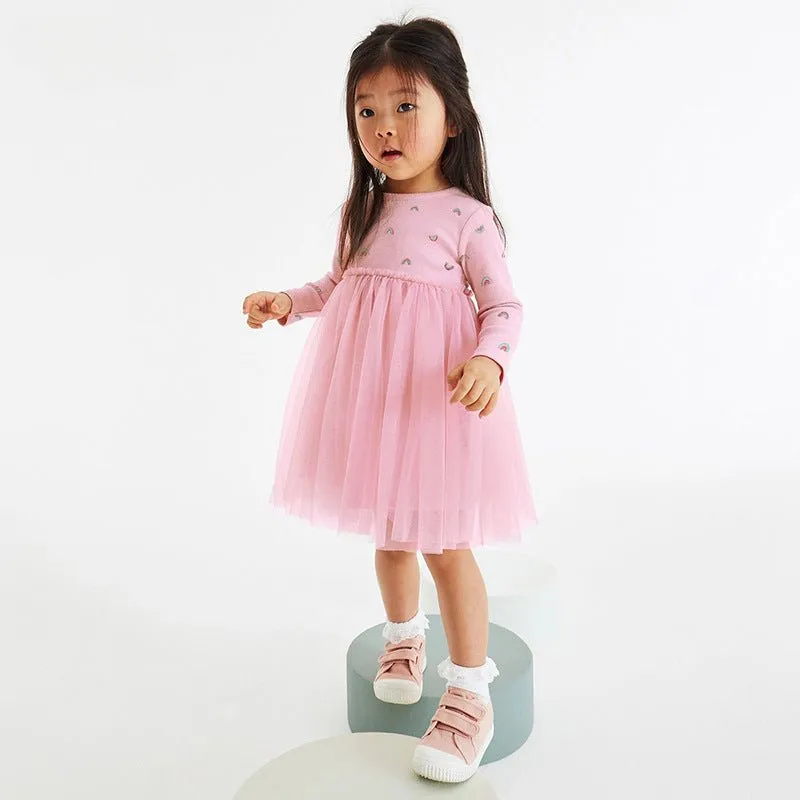 Toddler/Kid Girl's Long Sleeve Cutie Rainbow Print Design Pink Dress