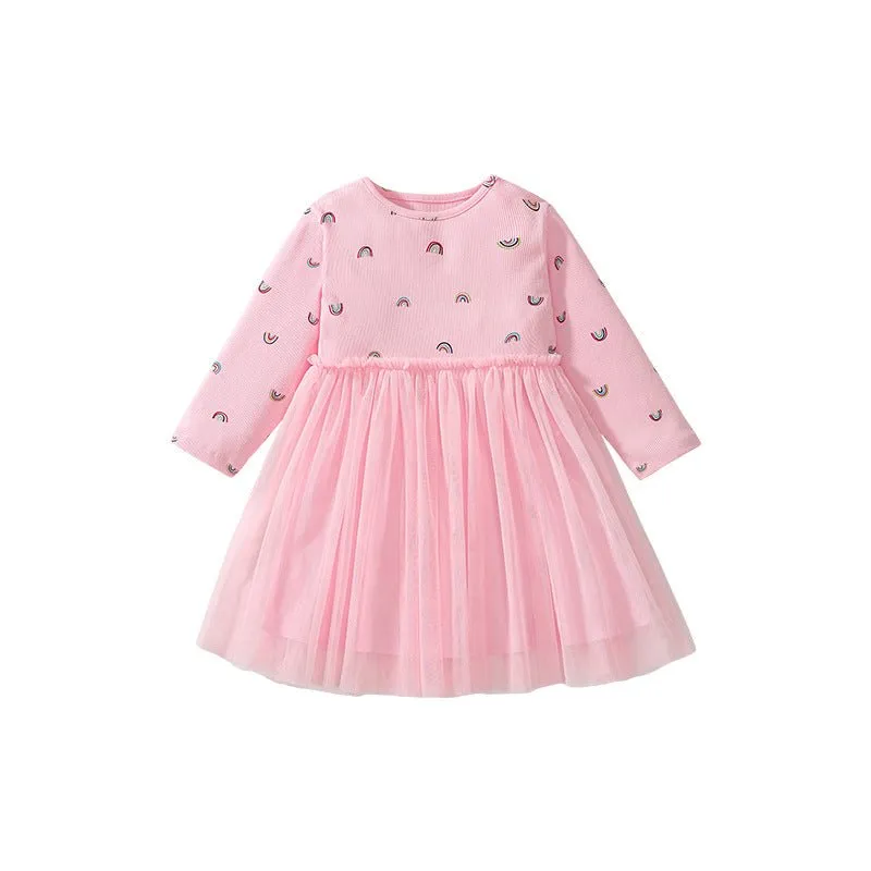 Toddler/Kid Girl's Long Sleeve Cutie Rainbow Print Design Pink Dress