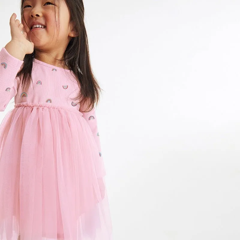 Toddler/Kid Girl's Long Sleeve Cutie Rainbow Print Design Pink Dress