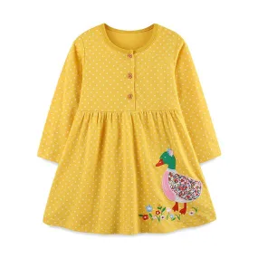 Toddler/Kid Girl's Long Sleeve Duck Embroidery Design Dress