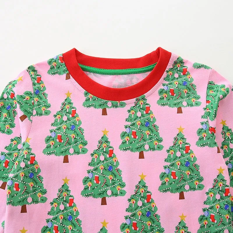 Toddler/Kid Girl's Long Sleeve Festive Christmas Trees Print Design Pink Dress