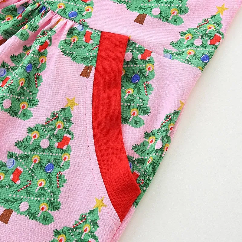 Toddler/Kid Girl's Long Sleeve Festive Christmas Trees Print Design Pink Dress