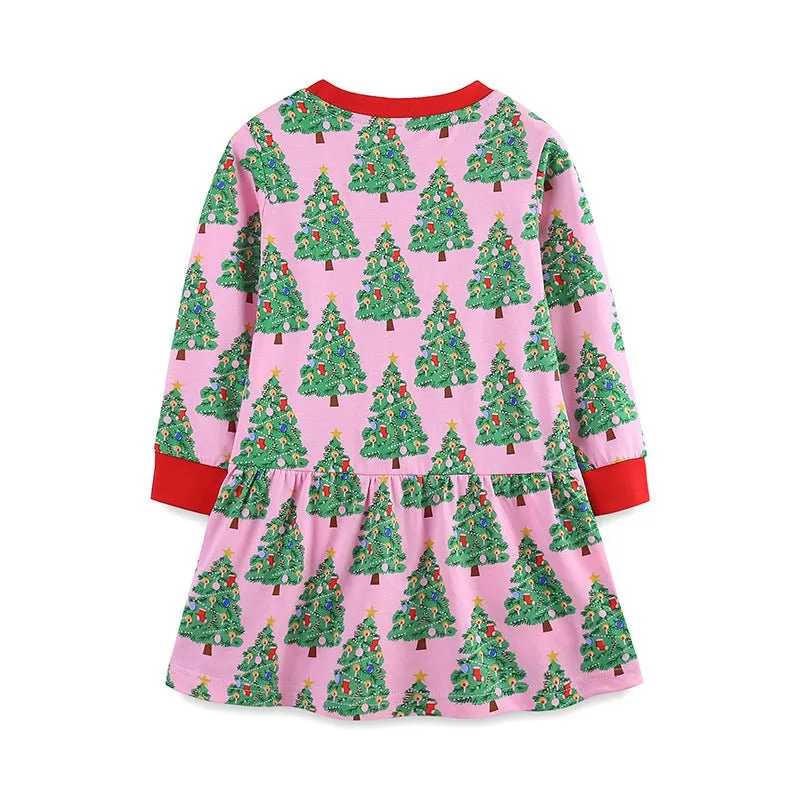 Toddler/Kid Girl's Long Sleeve Festive Christmas Trees Print Design Pink Dress