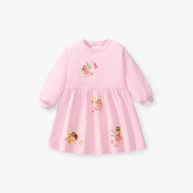 Toddler/Kid Girl's Long Sleeve Flora Fairy Print Design Pink Dress