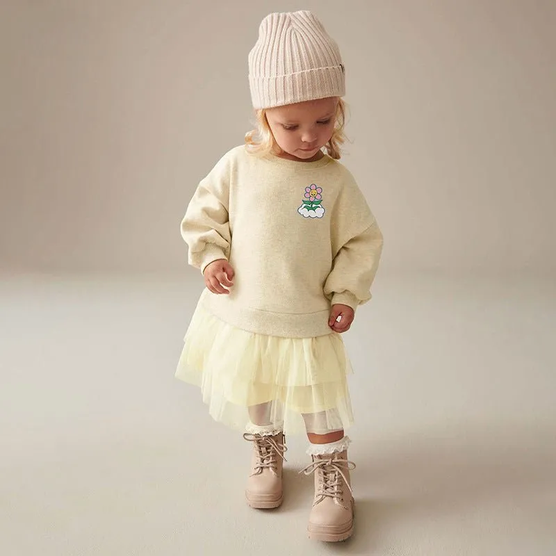 Toddler/Kid Girl's Long Sleeve Flower Print Yellow Dress